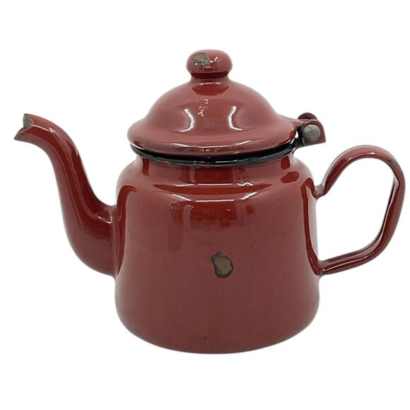 Brown Tea Pot With Hinged Lid Small Enamelware Vintage Farmhouse Decor - Picture 1 of 9